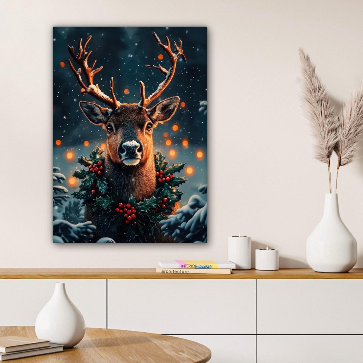 LEINWANDBILD Hirsch - Weihnachten - Winter - Schnee - Weihnachtskranz Wandbild Wohnzimmer 60x80 cm - Dunkelbraun, Textil (60/80cm) - MuchoWow