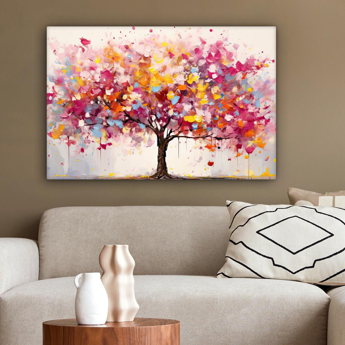 LEINWANDBILD Aquarell - Baum - Kunst - Abstrakt Gemälde 60x40 cm - Rosa, Textil (60/40cm) - MuchoWow