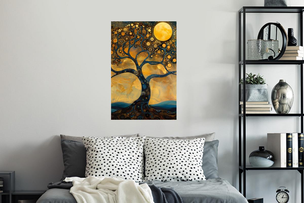 WANDTATTOO Baum - Mond - Blumen - Gold - Kunst Wandbild 40x60 cm - Orange, Kunststoff (40/60/0.1cm) - MuchoWow