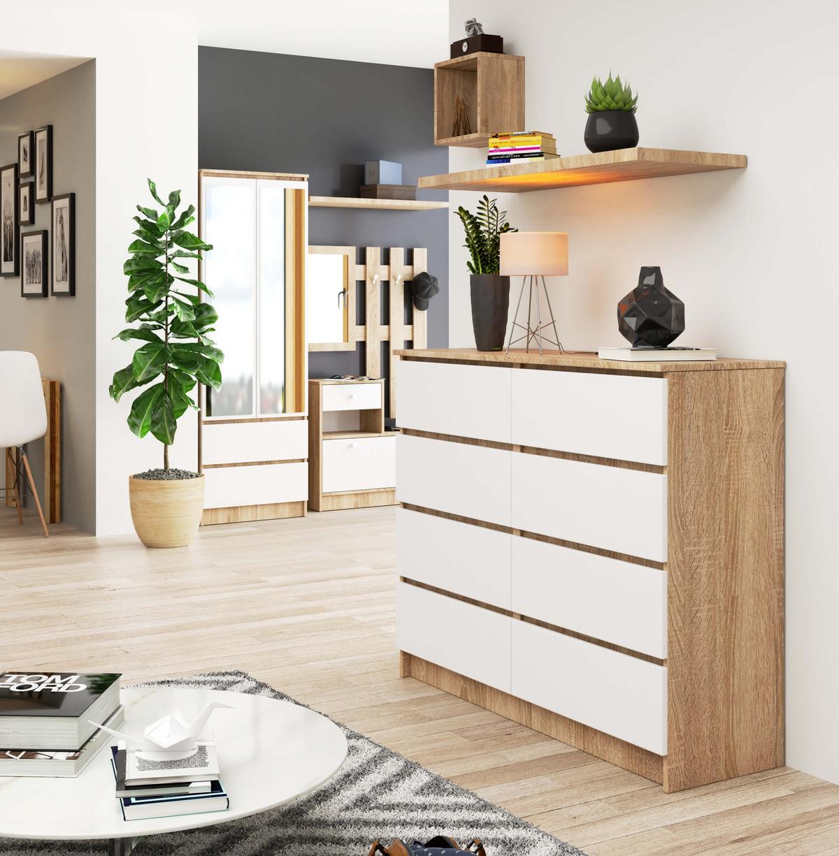 KOMMODE Eiche Sonoma, Weiß 99/120/40 - Weiß, Holzwerkstoff (120/99/40cm) - RAUMHIRSCH FURNITURE