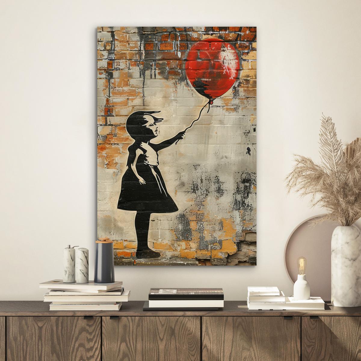 METALLBILD Graffiti - Banksy - Mädchen - Straßenkunst Deko Schlafzimmer 40x60 cm - Sandfarben, Metall (40/60cm) - MuchoWow