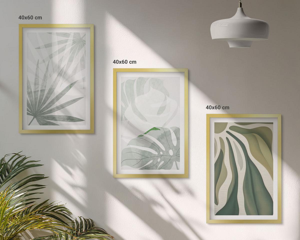 BILDER SET 3er Set - 40x60 cm Goldrahmen - Blätter von Pflanzen in Grün und Grau - Goldfarben, Kunststoff (40/60cm) - TULUP