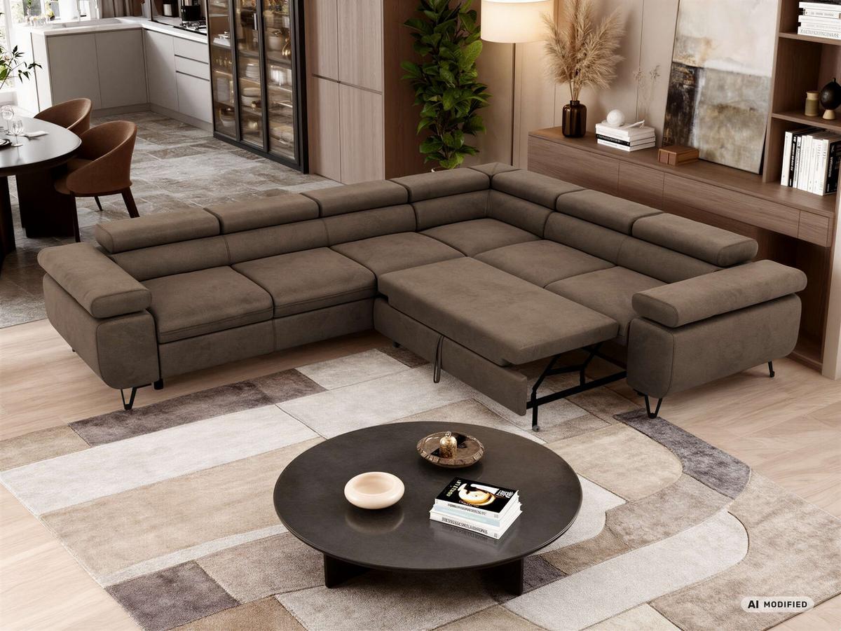 ECKSOFA NORDEN L - Braun Velvet - Links Seite - Dunkelbraun/Schwarz, Textil/Metall (269/329cm) - MKS