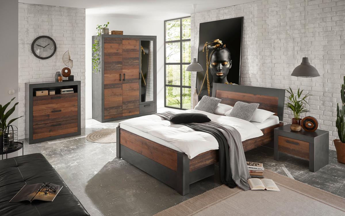 BETTANLAGE Used Wood Shabby Matera grau, Liegefläche 140 x 200 cm, Schlafzimmer Set 2-teilig - Braun/Grau, Holzwerkstoff (140/200cm) - Furn.Design
