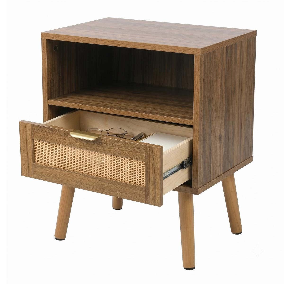 NACHTTISCH Rattan Walnussoptik Boho Mid-Century mit 1 Schublade & Regal - Walnussfarben, Holzwerkstoff (45/55/40cm) - Urban Meuble