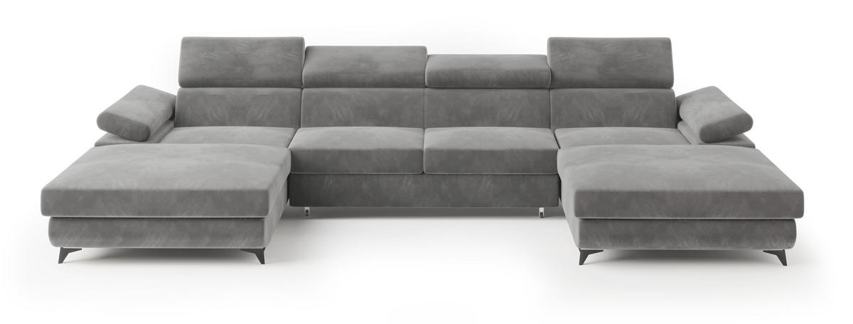 WOHNLANDSCHAFT DETTI Grau Velours-Stoff mit Schlaffunktion - Grau, Holz (339/89/190cm) - MASSENO