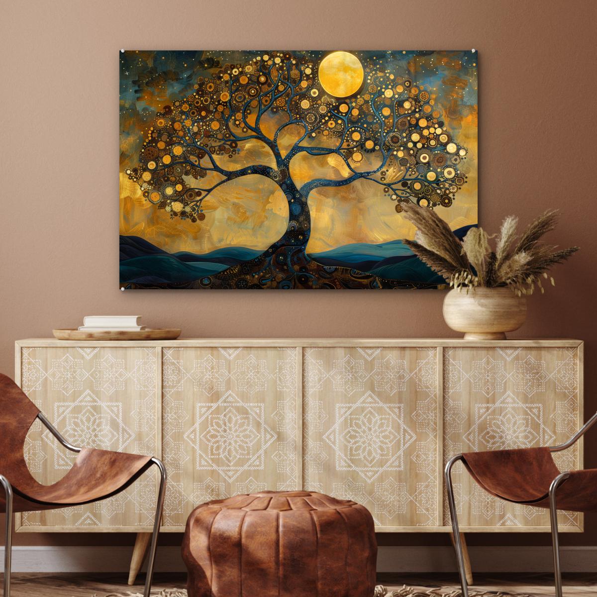 ACRYLGLASBILD Baum - Mond - Blumen - Gold - Kunst Wandbild Schlafzimmer 120x80 cm - Orange, Glas (120/80cm) - MuchoWow
