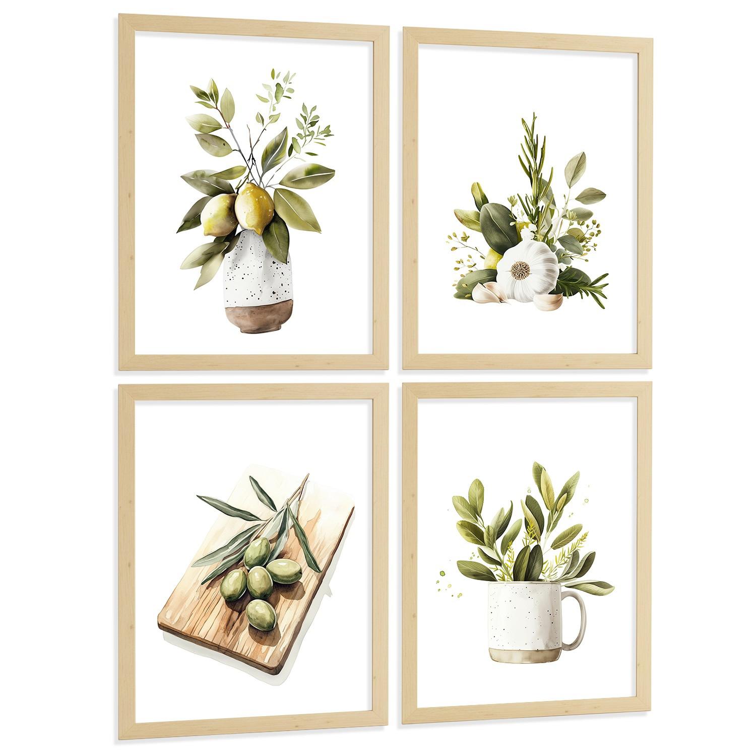POSTER 4er Set Mediterrane Küchen-Wandbilder Zitronen Knoblauch Oliven Kräuter Aquarell Esszimmer Deko Leichter Holzrahmen A4 - Beige, Papier (29.7/1/21cm) - Nacnic