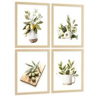 POSTER 4er Set Mediterrane Küchen-Wandbilder Zitronen Knoblauch Oliven Kräuter Aquarell Esszimmer Deko Leichter Holzrahmen A4 - Beige, Papier (29.7/1/21cm) - Nacnic