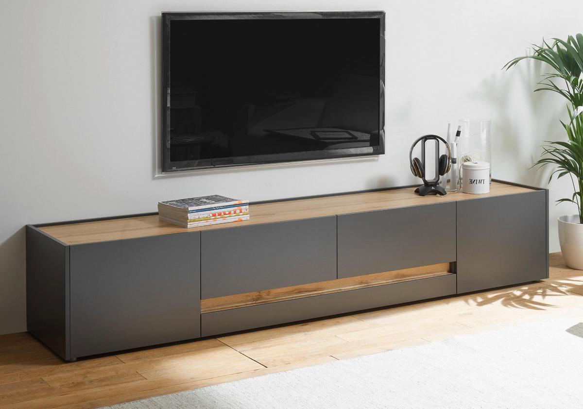 TV-LOWBOARD grau matt, Eiche Wotan 223 cm, großer TV Unterschrank mit viel Stauraum - Eiche Wotan/Schwarz, Holzwerkstoff/Kunststoff (223/40/45cm) - Furn.Design