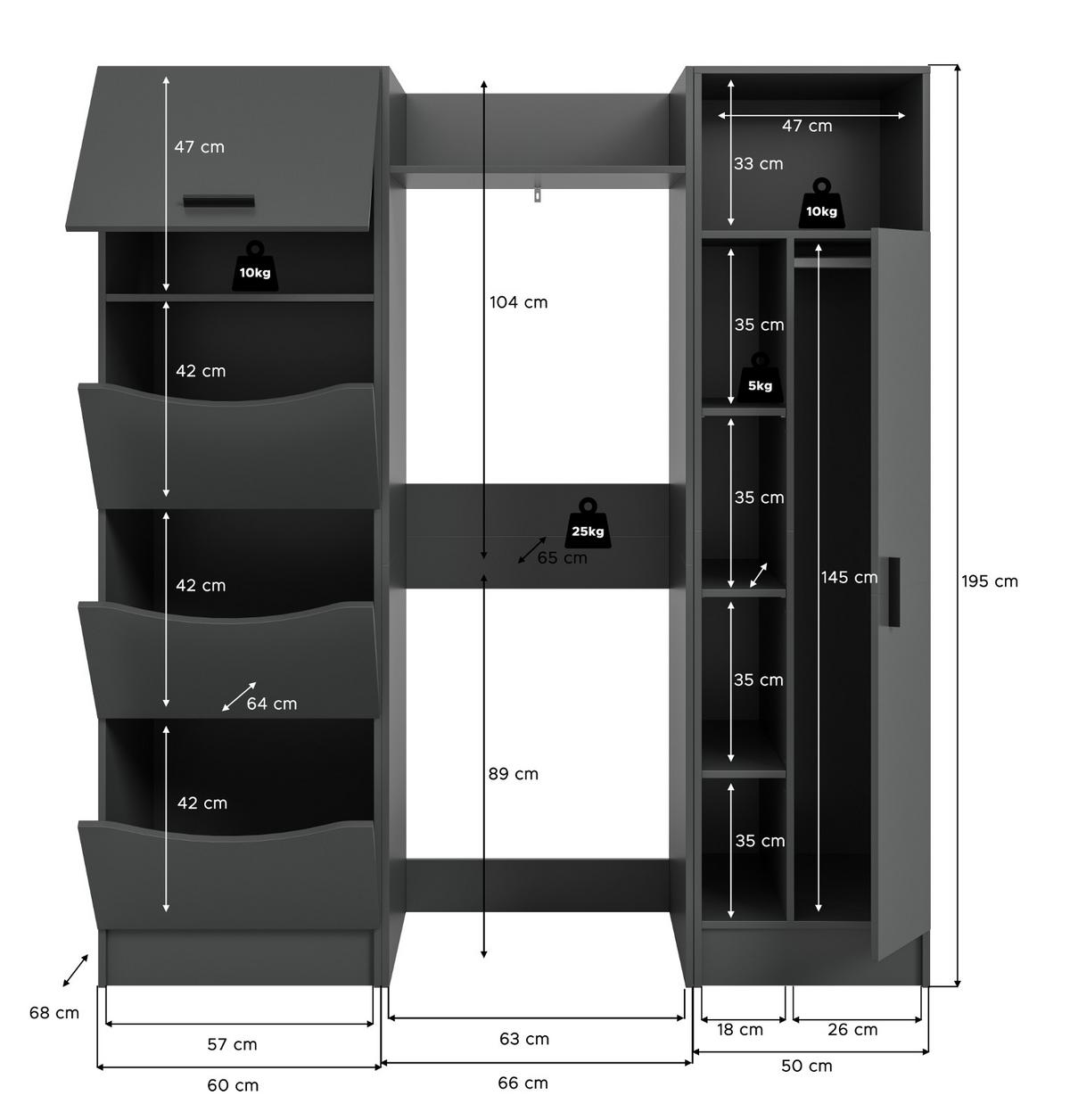 WASCHMASCHINENSCHRANK grau Set 3-teilig 176 x 196 cm, viel Stauraum - Schwarz/Grau, Holzwerkstoff/Kunststoff (176/196/68cm) - Inn.Furn