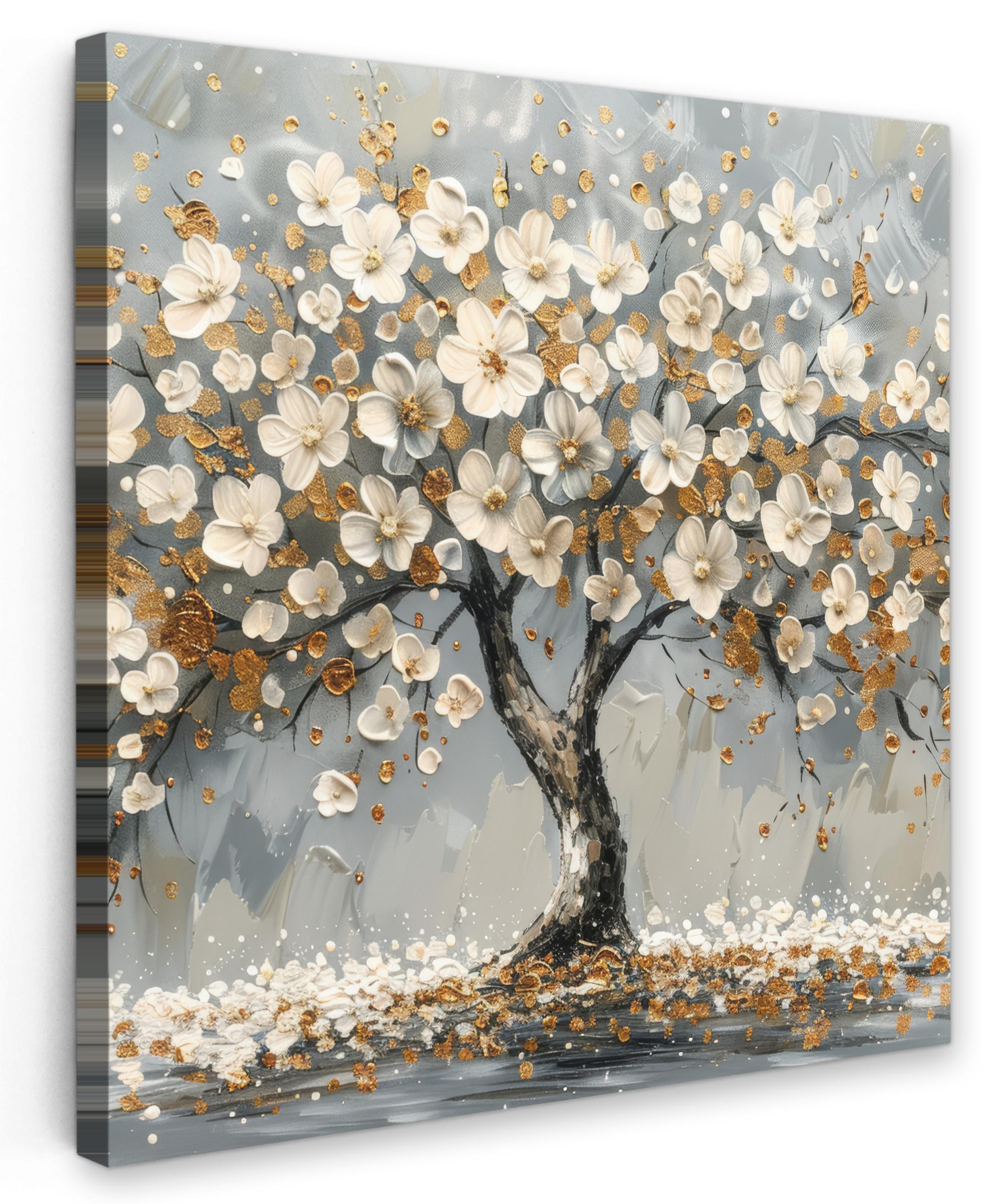 LEINWANDBILD Baum - Blumen - Weiß - Natur - Kunst Deko Wohnzimmer 20x20 cm - Weiß, Textil (20/20cm) - MuchoWow