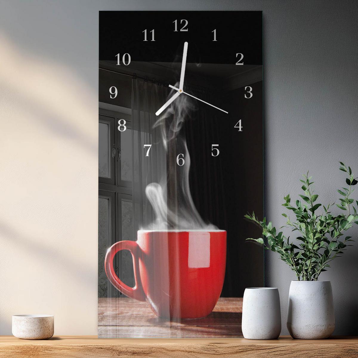 WANDUHR aus Glas 30x60 cm - Tasse Kaffee - Rot, Glas (30/60/0.4cm) - TULUP