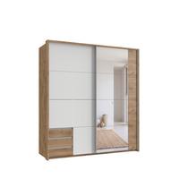 SCHWEBETÜRENSCHRANK 2-türig B183/H200/T65 cm, Passepartout-Kleiderschrank mit Spiegel & sichtbaren Schubkästen in Eiche Dekor, 1x Tür in Weiß / 22712 - Eichefarben/Alufarben, Holz/Holzwerkstoff (183/200/65cm) - luma-home