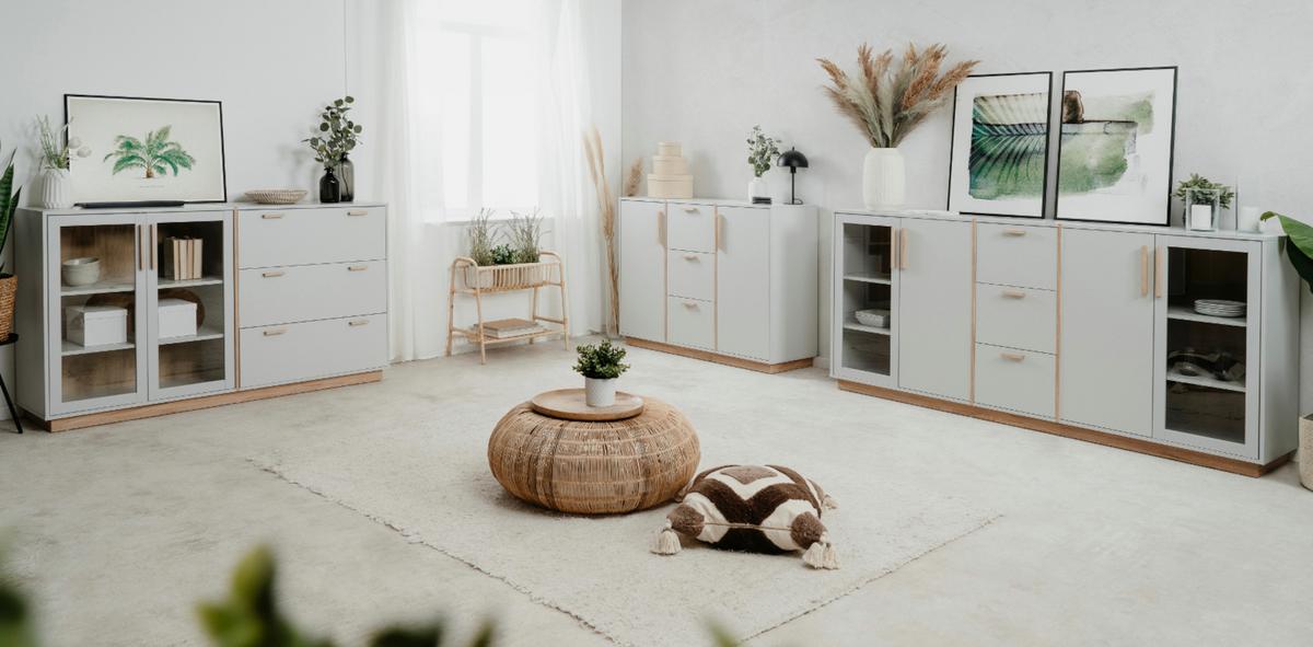 KOMMODE grau, Hickory Walnuss 82 cm, Sideboard 2-türig - Walnussfarben/Grau, Holzwerkstoff/Metall (82/94/40cm) - Furn.Design
