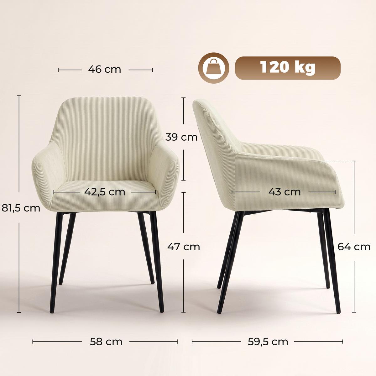 ESSZIMMERSTUHL 2er Set Cord 100 Polyester Cremeweiß - Creme/Schwarz, Textil/Metall (58/81.5/59.5cm) - HOMCOM