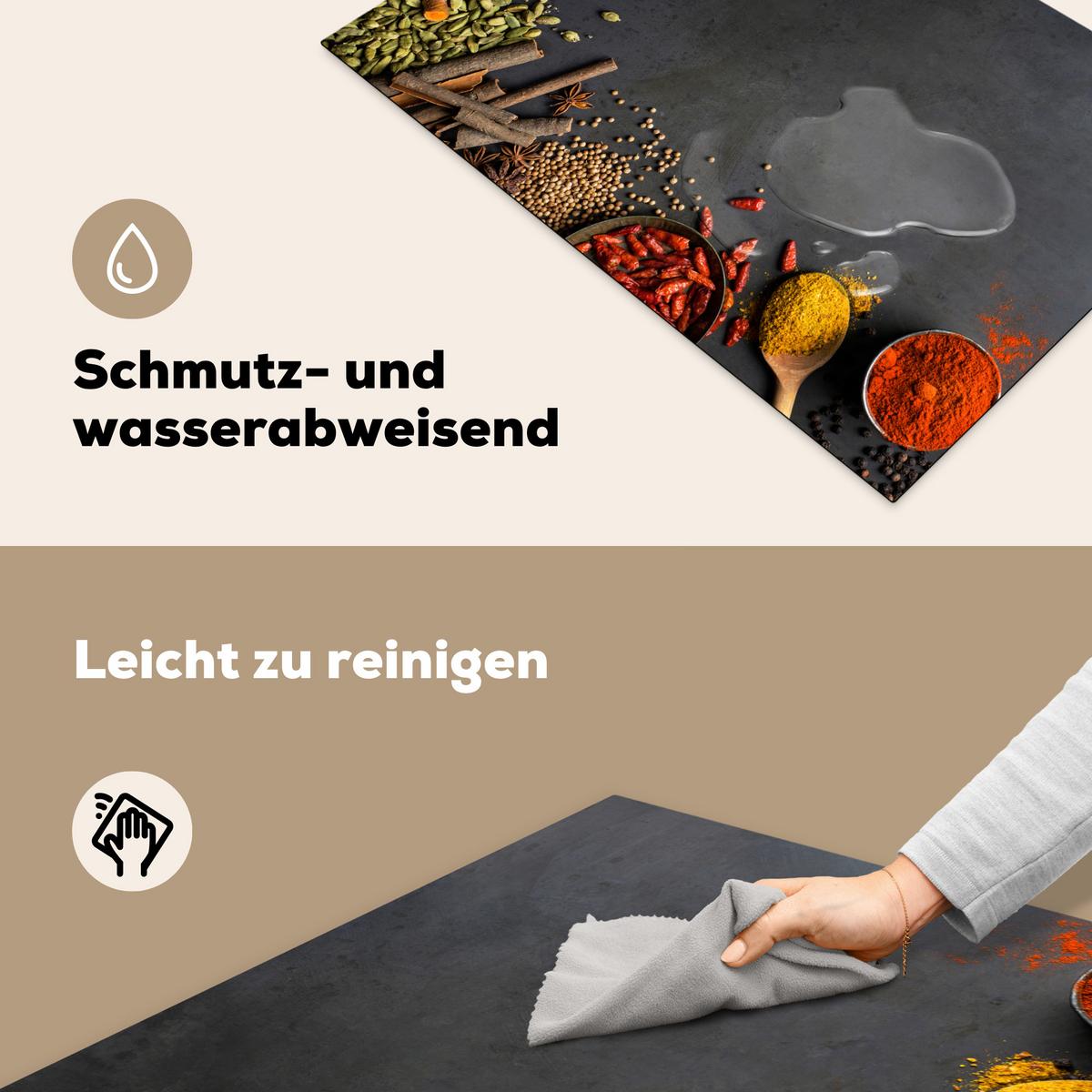 HERDABDECKPLATTE Kräuter - Lebensmittel - Gewürze - Schwarz - Paprika - Zimt Ceranfeldabdeckung 76x51.5 cm - Currygelb, Kunststoff (76/51.5/0.2cm) - MuchoWow