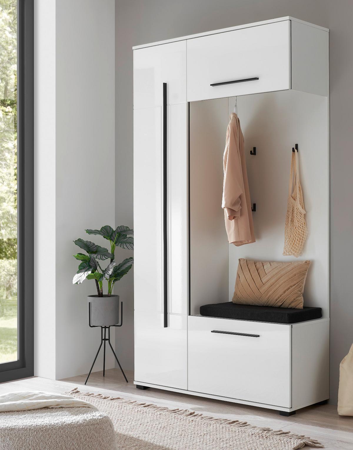 KOMPAKTGARDEROBE weiß Hochglanz 111 x 200 cm, Garderobe mit Soft-Close - Weiß Hochglanz/Schwarz, Holzwerkstoff/Kunststoff (111/200/37cm) - Furn.Design