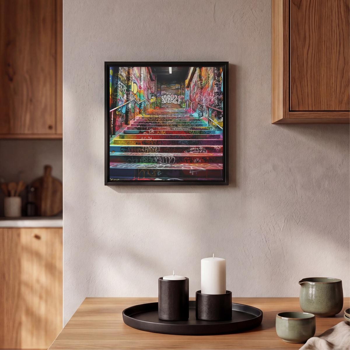 LEINWAND Bilder mit Rahmen - Treppe - Graffiti - Farben - Kunst - 20x20 - Multicolor, Textil (20/20cm) - MuchoWow