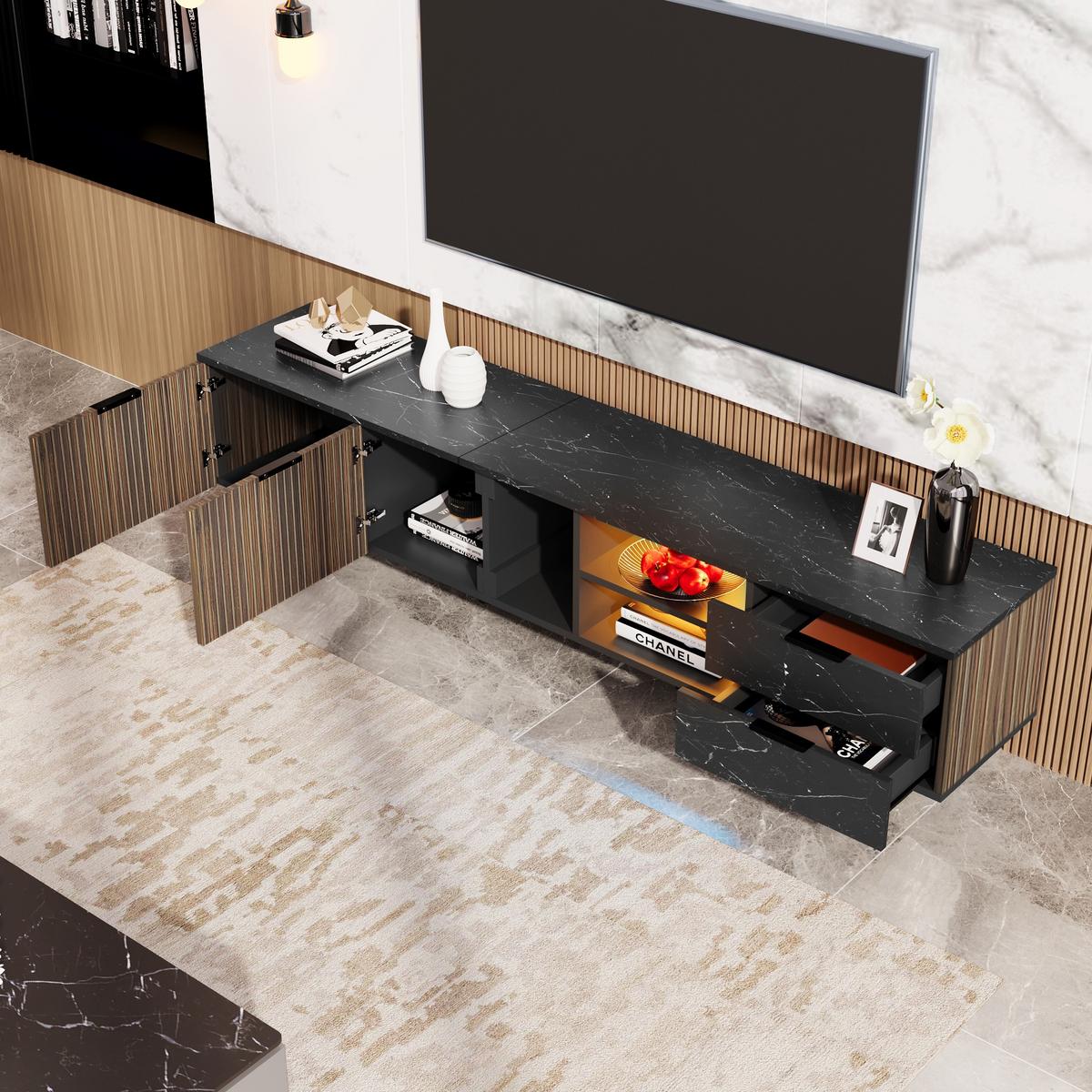 LOWBOARD mit LED, 2 Türen und 2 Schubladen - Dunkelbraun, Holzwerkstoff (200/50/38cm) - Urban Meuble