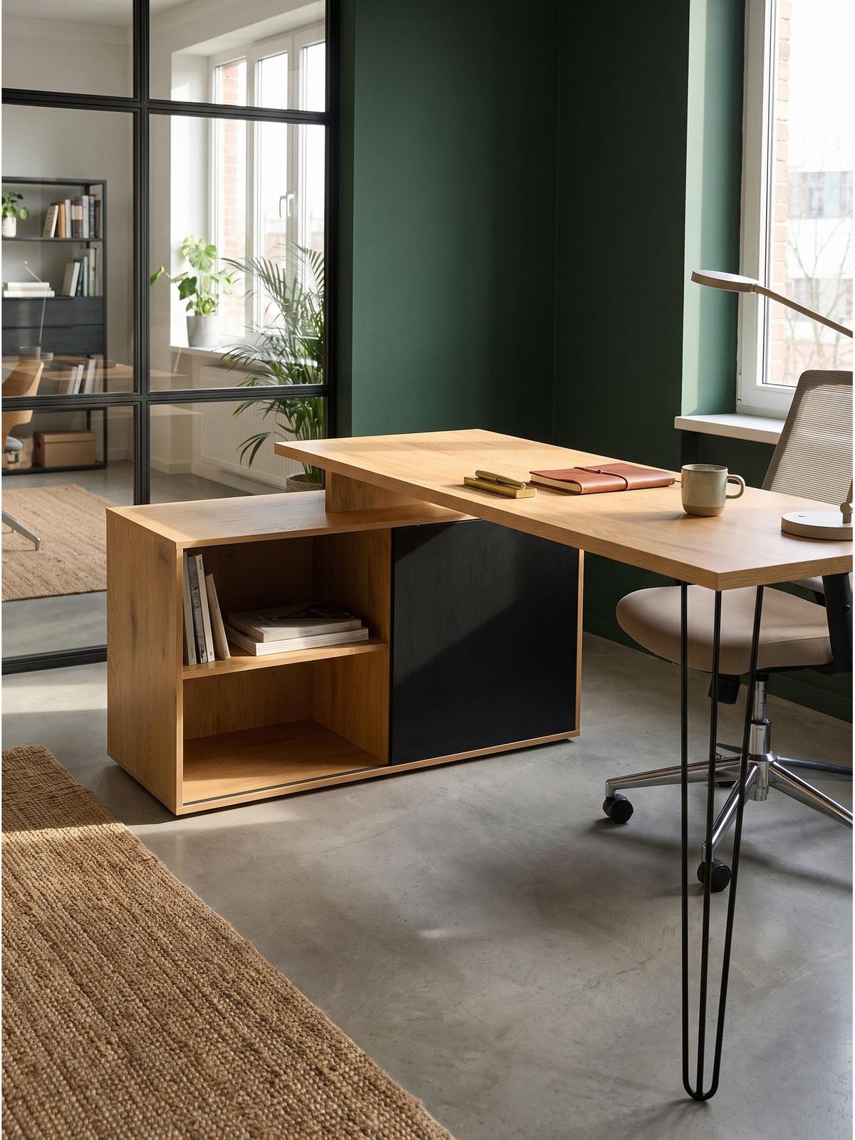 SCHREIBTISCH BRADANO, MDF, mit Ablagen, Eiche-Schwarz, 130 x 110 x 74,5 cm - Schwarz/Braun, Holzwerkstoff/Metall (110/130/74.5cm) - KADIMA DESIGN