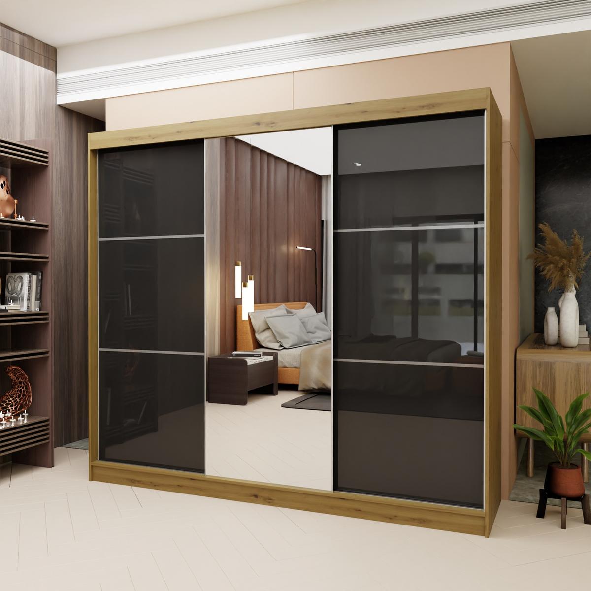 SCHWEBETÜRENSCHRANK VITALE 240/216/61 cm 3-türig mit Spiegel Eiche Artisan - Schwarz/Eiche Artisan, Holzwerkstoff (240/216/61cm) - MASSENO