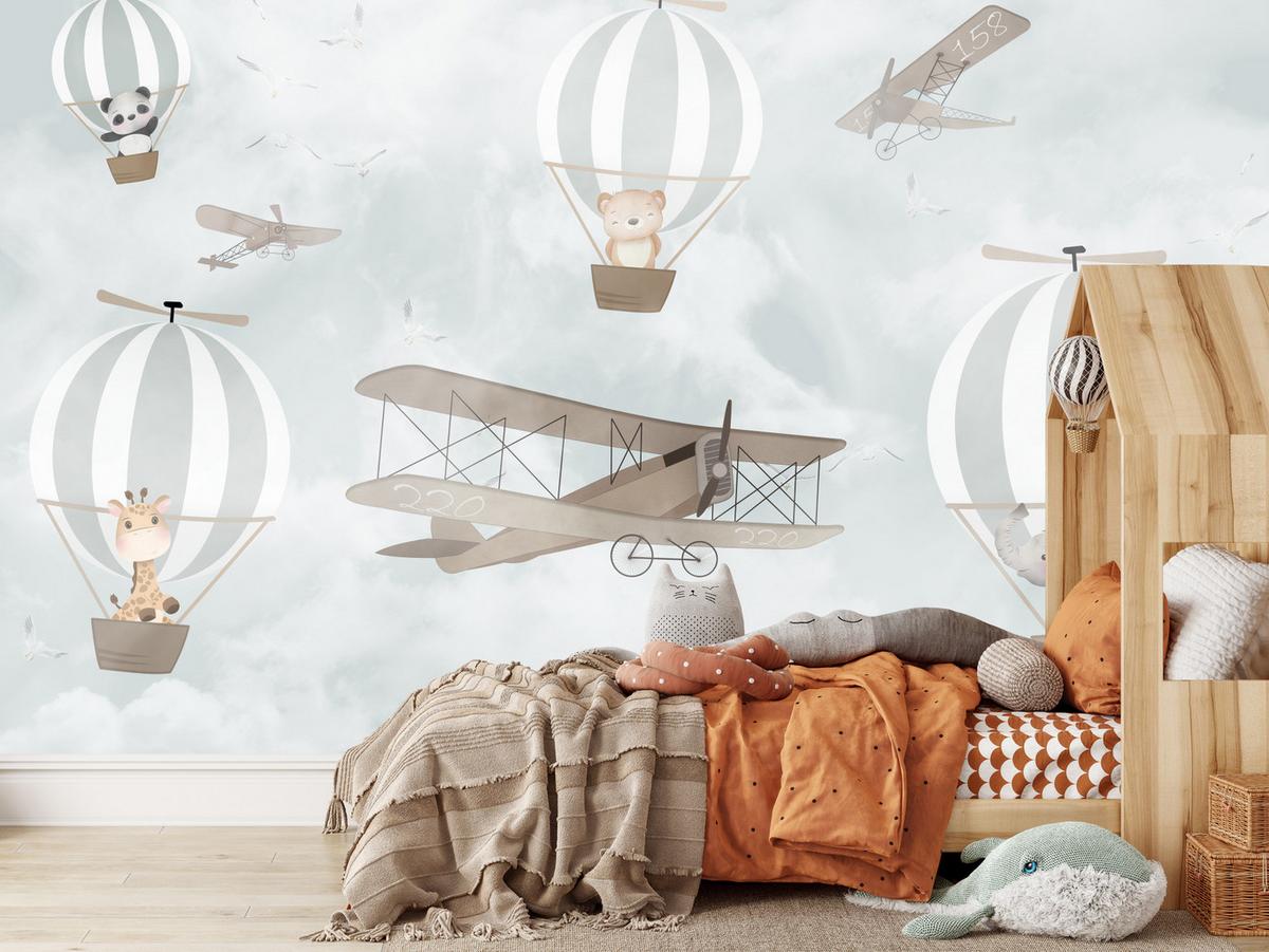FOTOTAPETE für Kinderzimmer Ballons Tiere Wolken Flugzeuge Fantasie Retro 150x105 - Beige/Braun, Papier (150/105cm) - Muralo