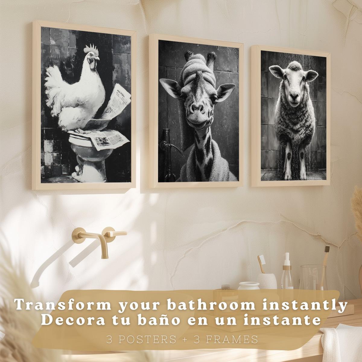 POSTER 3er-Set lustige Schwarz-Weiß-Drucke, Tiere im Badezimmer-Poster, witzige WC-Dekoration für Toilette, Vintage-Stil Leichter Holzrahmen A3 - Beige, Papier (42/29.7/3cm) - Nacnic