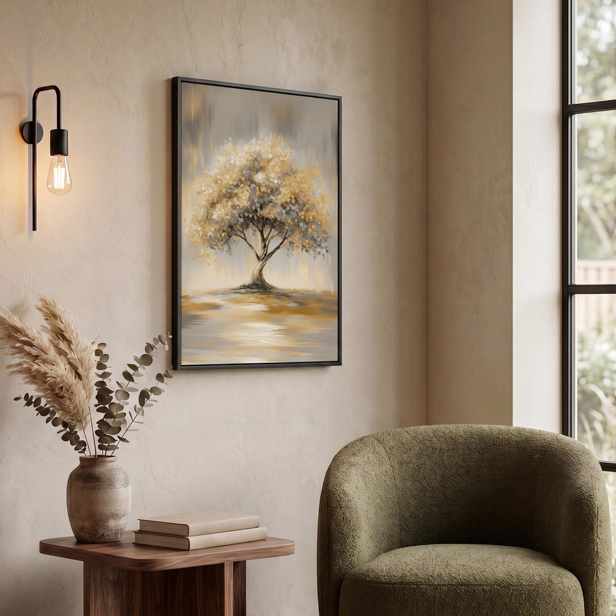 LEINWAND Bilder mit Rahmen - Gemälde - Baum - Abstrakt - Blätter - 50x70 - Beige, Textil (50/70cm) - MuchoWow