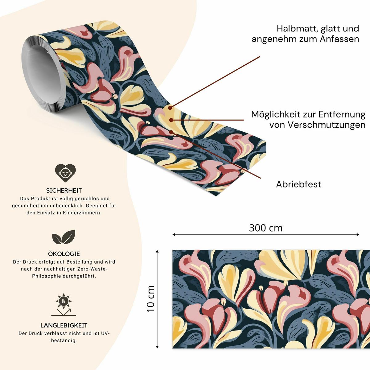 TAPETENBORDÜRE selbstklebend abstraktes BLUMEN moderne Muster für Wohnzimmer - Blau/Beige, Papier (10/300/300cm) - Muralo