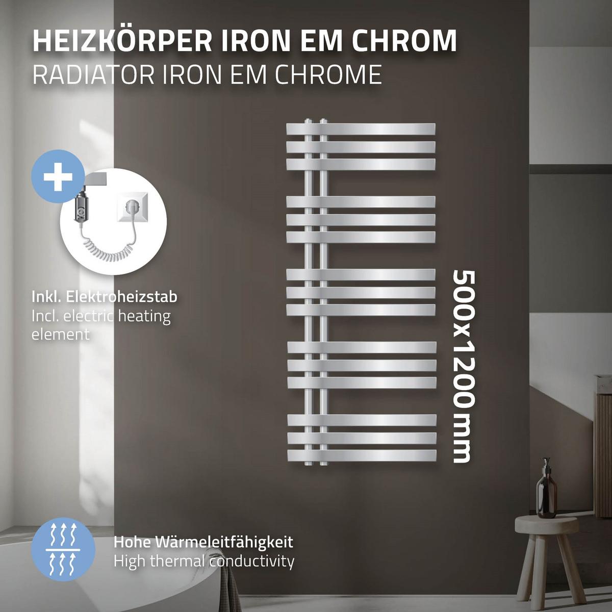 BADHEIZKÖRPER elektrisch Iron EM 500x1200 mm Chrome mit Heizstab 900W - Chromfarben, Metall (50/120/3cm) - LuxeBath