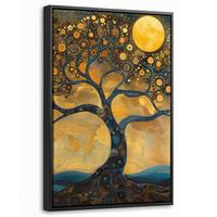 LEINWAND Bilder mit Rahmen - Baum - Mond - Blumen - Gold - Kunst - 40x60 - Orange, Textil (40/60cm) - MuchoWow