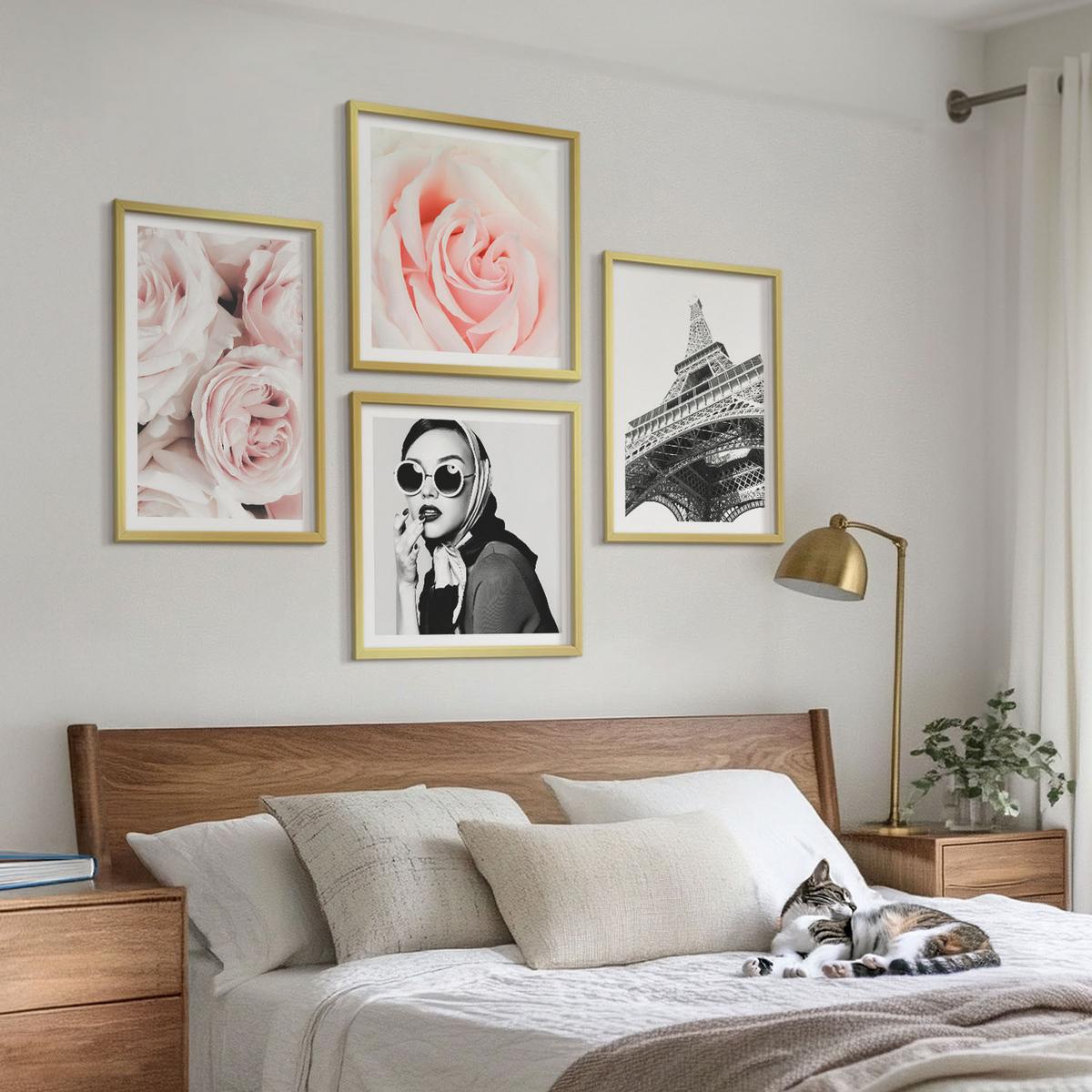 BILDER SET 4er Set - 50x50 cm & 40x60 cm Goldrahmen - Eiffels Porträt einer Frau mit Rosen - Goldfarben, Kunststoff (50/50cm) - TULUP