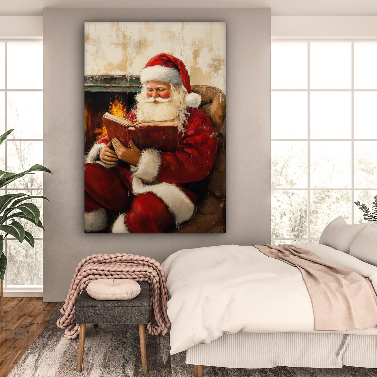 LEINWANDBILD Weihnachten - Weihnachtsmann - Winter - Open Fireside Deko Groß 90x140 cm - Dunkelrot, Textil (90/140cm) - MuchoWow
