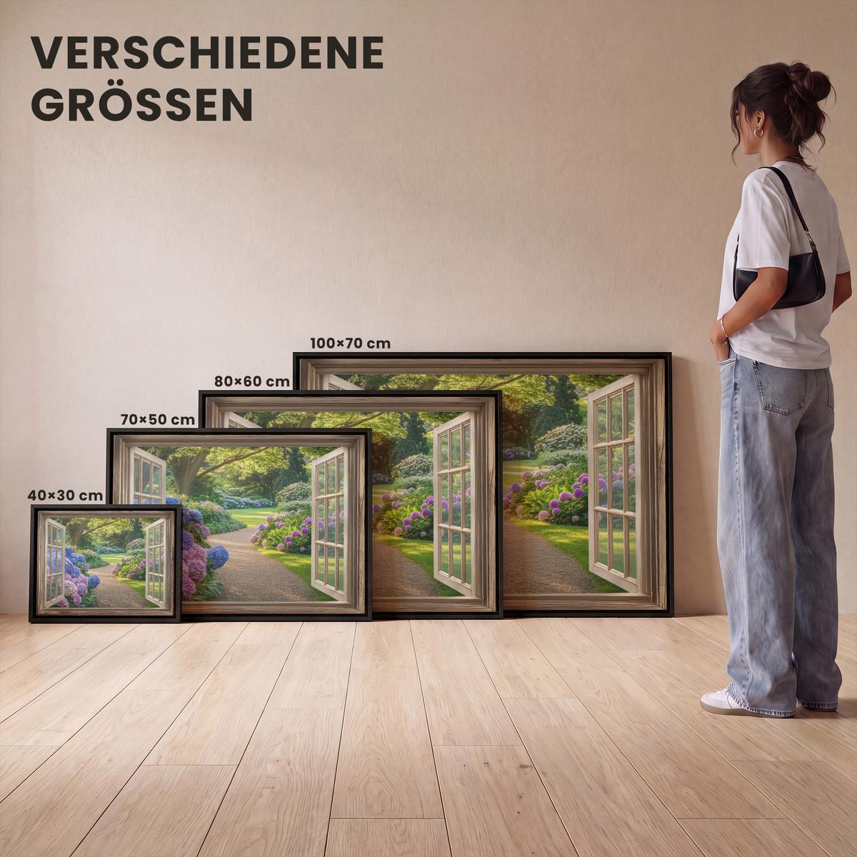LEINWAND Bilder mit Rahmen - Aussicht - Garten - Fenster - Hortensie - Blumen - 80x60 - Pastellblau, Textil (80/60cm) - MuchoWow