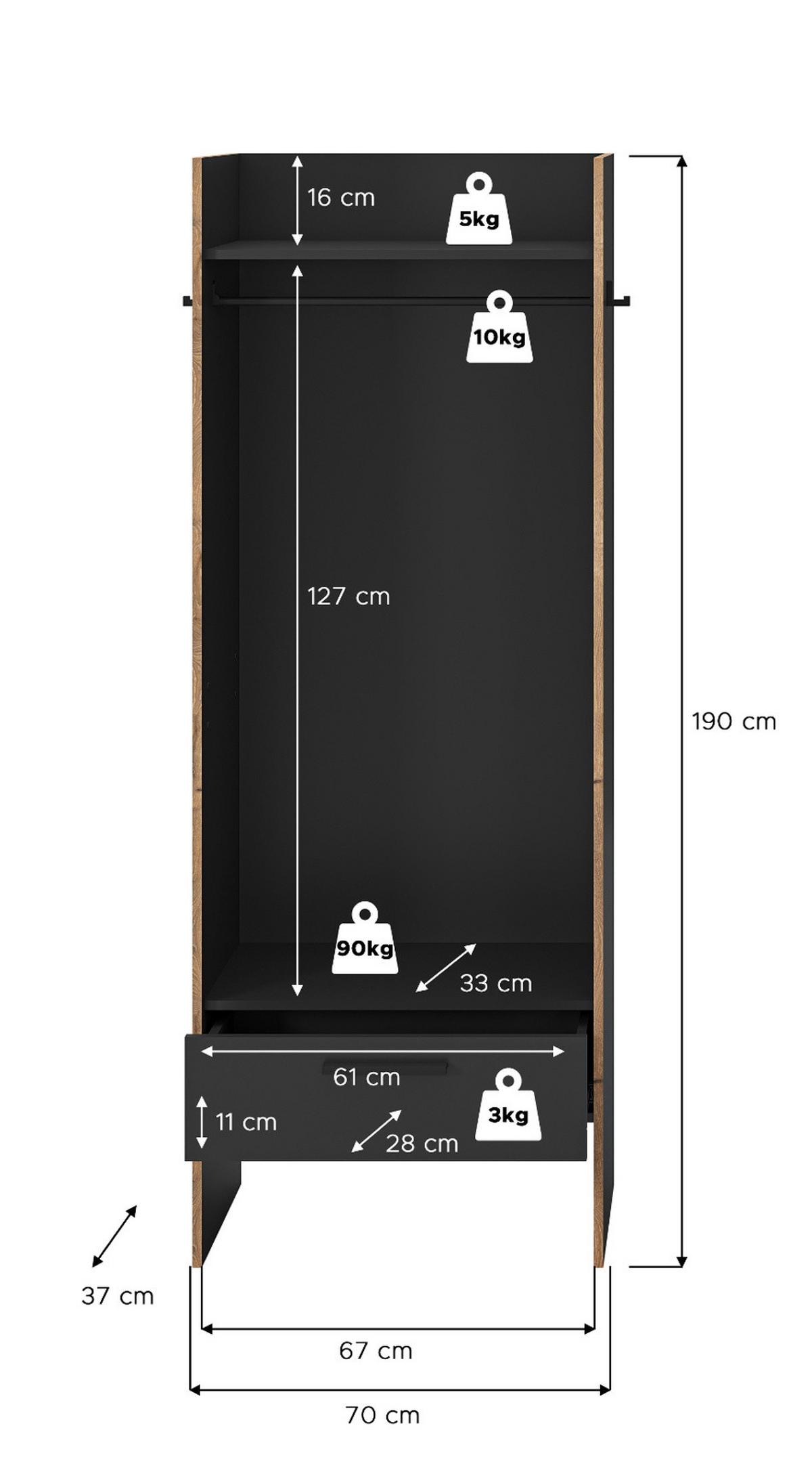 GARDEROBE grau und Nox Eiche, Kompaktgarderobe 70 x 189 cm, Salud - Eichefarben/Grau, Holzwerkstoff (70/189/37cm) - Inn.Furn