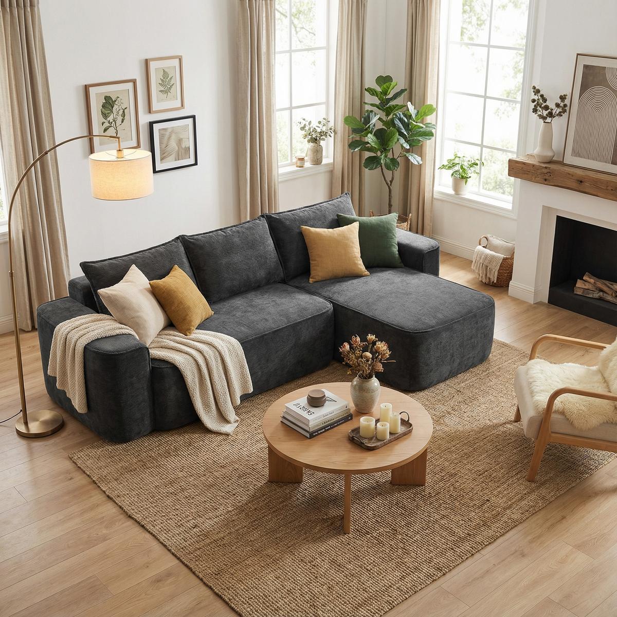 ECKSOFA Modulares L-Form in Chenille Montagefrei - Dunkelgrau, Textil (262/144cm) - Urban Meuble