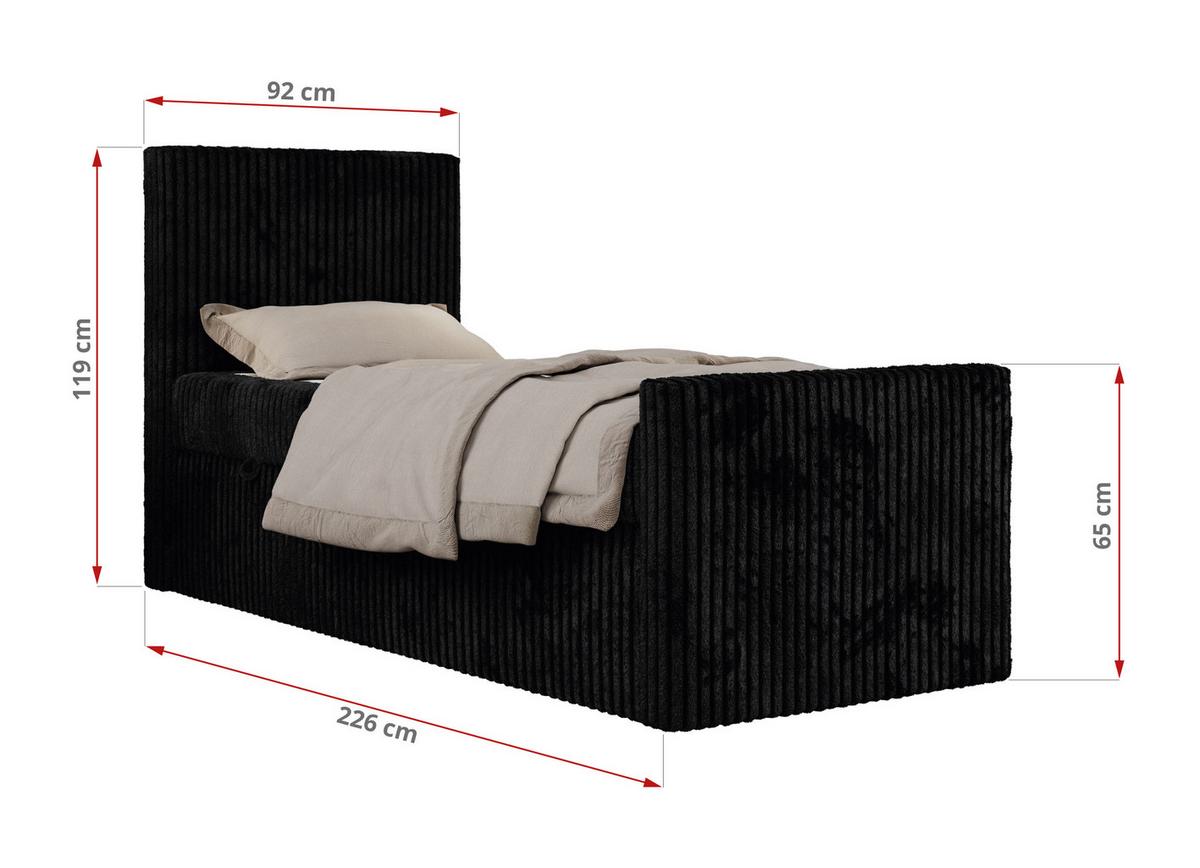 JUGENDBETT TILIO DUO 90/200 - Schwarz Cord - H3 - Rechts Seite - Schwarz, Textil (90/200cm) - MKS