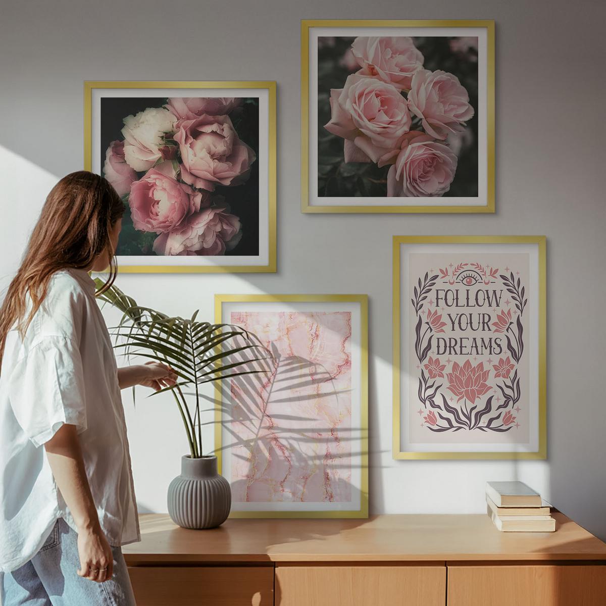 BILDER SET 4er Set - 50x50 cm & 40x60 cm Goldrahmen - Vintage-Rosen-Marmorträume - Goldfarben, Kunststoff (50/50cm) - TULUP