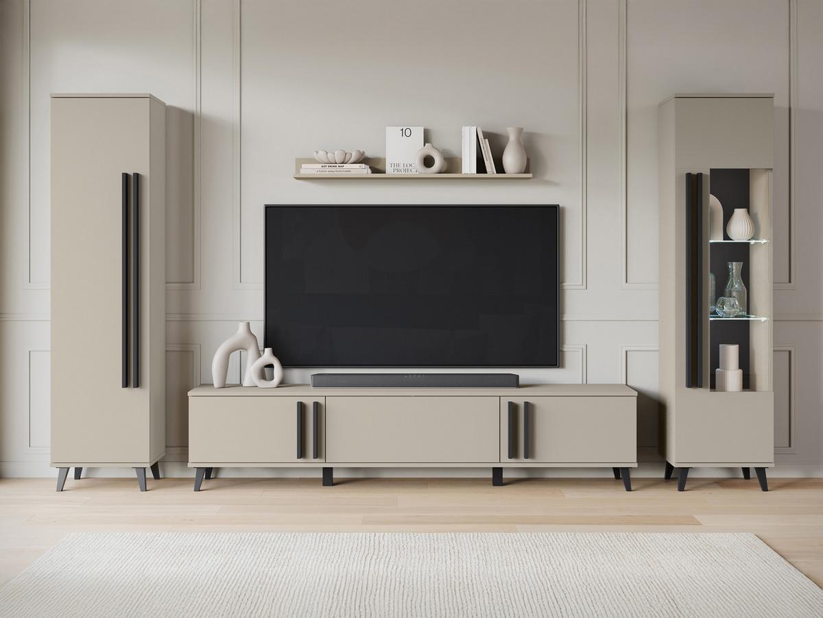WOHNWAND Helsinki II mit weißer LED Beleuchtung - Beige/Schwarz, Holzwerkstoff/Kunststoff (180/70/33cm) - MIRJAN24