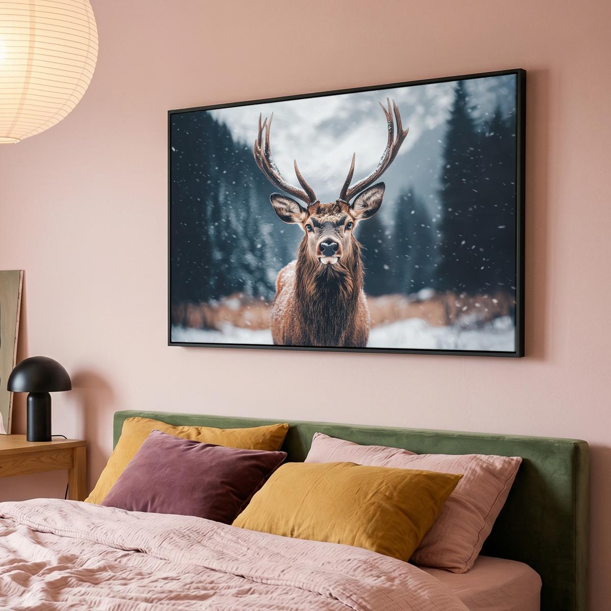 LEINWAND Bilder mit Rahmen - Hirsche - Tiere - Landschaft - Winter - Schnee - 150x100 - Kastanienfarben, Textil (150/100cm) - MuchoWow