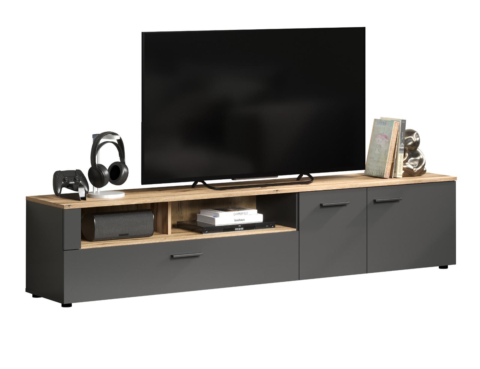 TV-LOWBOARD grau Evoke Eiche 210 x 43 cm, XL TV Unterteil mit viel Stauraum - Eichefarben/Schwarz, Holzwerkstoff/Kunststoff (210/43/41cm) - Top.Furn