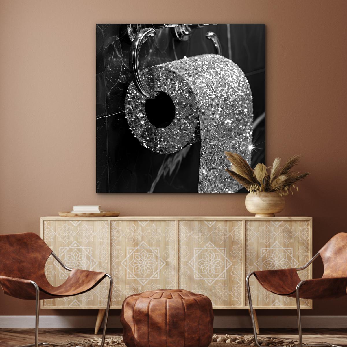 METALLBILD WC - Toilettenpapier - Schwarz und weiß - Glitter 90x90 cm - Silberfarben, Metall (90/90cm) - MuchoWow