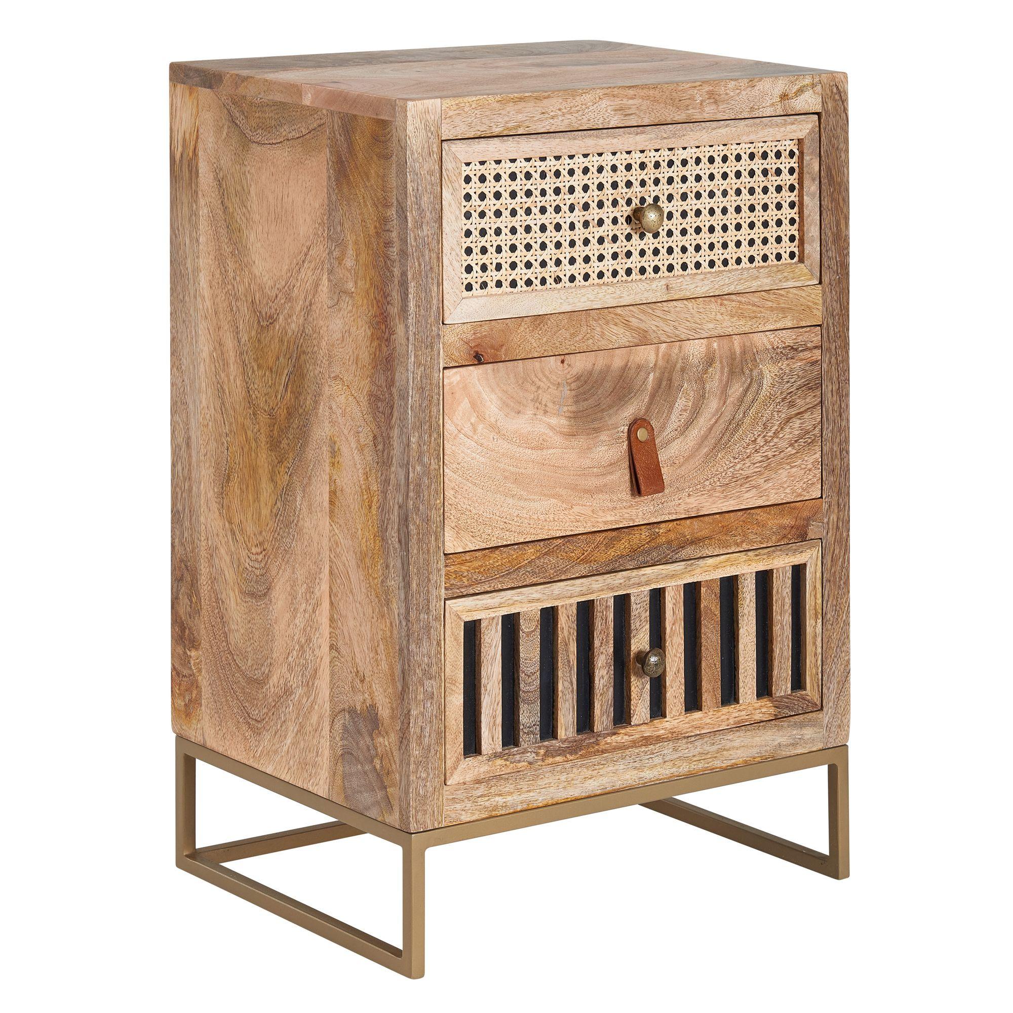 NACHTTISCH – Mango Massivholz/Rattan, 3 Schubladen, für Boxspringbett - Goldfarben/Braun, Holz/Metall (40/60/30cm) - KADIMA DESIGN