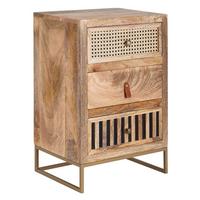 NACHTTISCH – Mango Massivholz/Rattan, 3 Schubladen, für Boxspringbett - Goldfarben/Braun, Holz/Metall (40/60/30cm) - KADIMA DESIGN