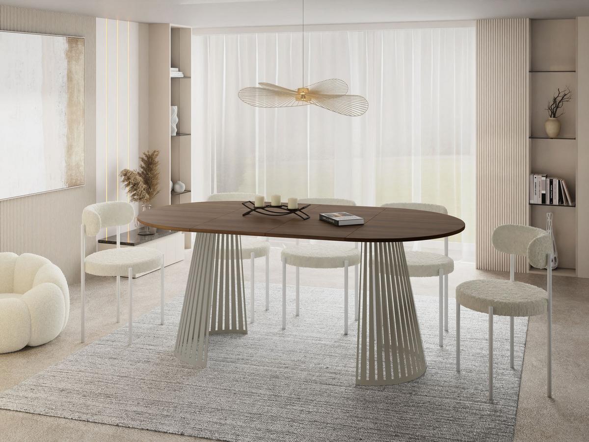 ESSTISCH Naro rund ausziehbar mit Lamellen-Metallgestell in Grau-Beige, Walnuss Braun 100-180/100/76 cm - Kaschmir/Walnussfarben, Holzwerkstoff/Metall (100/176/76cm) - WFL GROUP