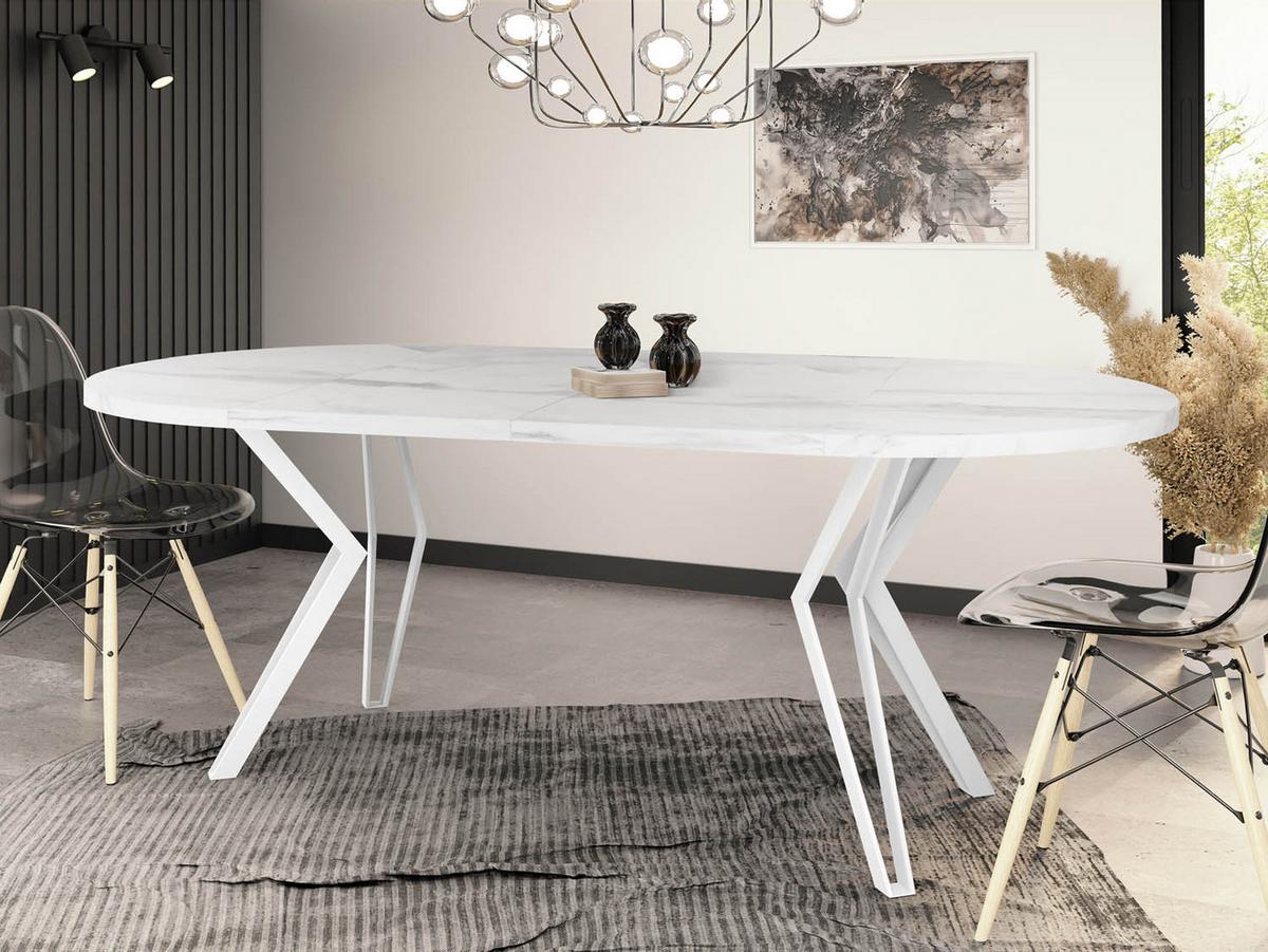 ESSTISCH Austin runder ausziehbarer, Marmor Weiß 100-180/100/76 cm - Ecru/Weiß, Holzwerkstoff/Metall (100/180/76cm) - WFL GROUP