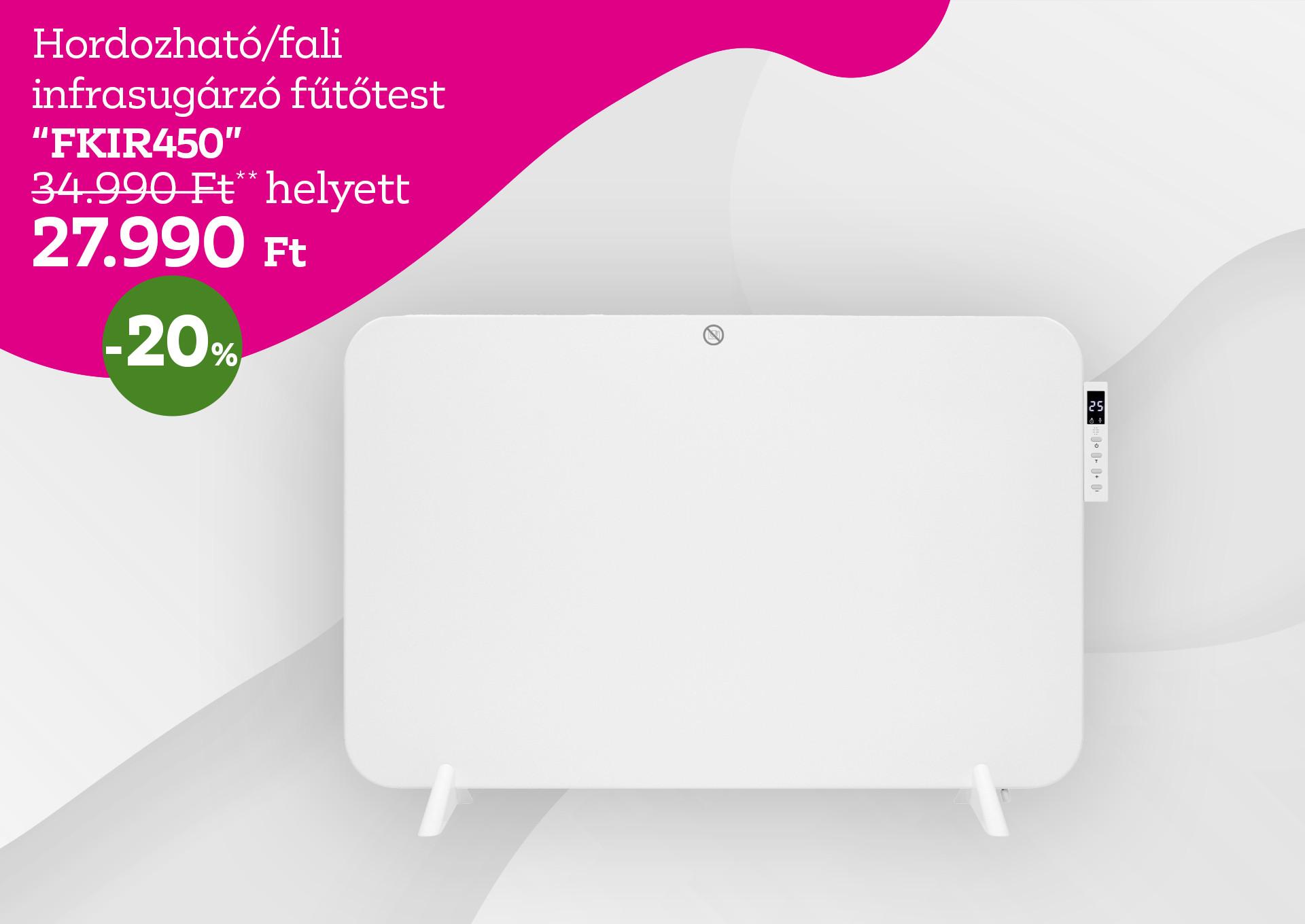 Hordozható/fali infrasugárzó fűtőtest FKIR450 34990 Forint helyett 27990 Forint, kedvezmény mértéke 20%