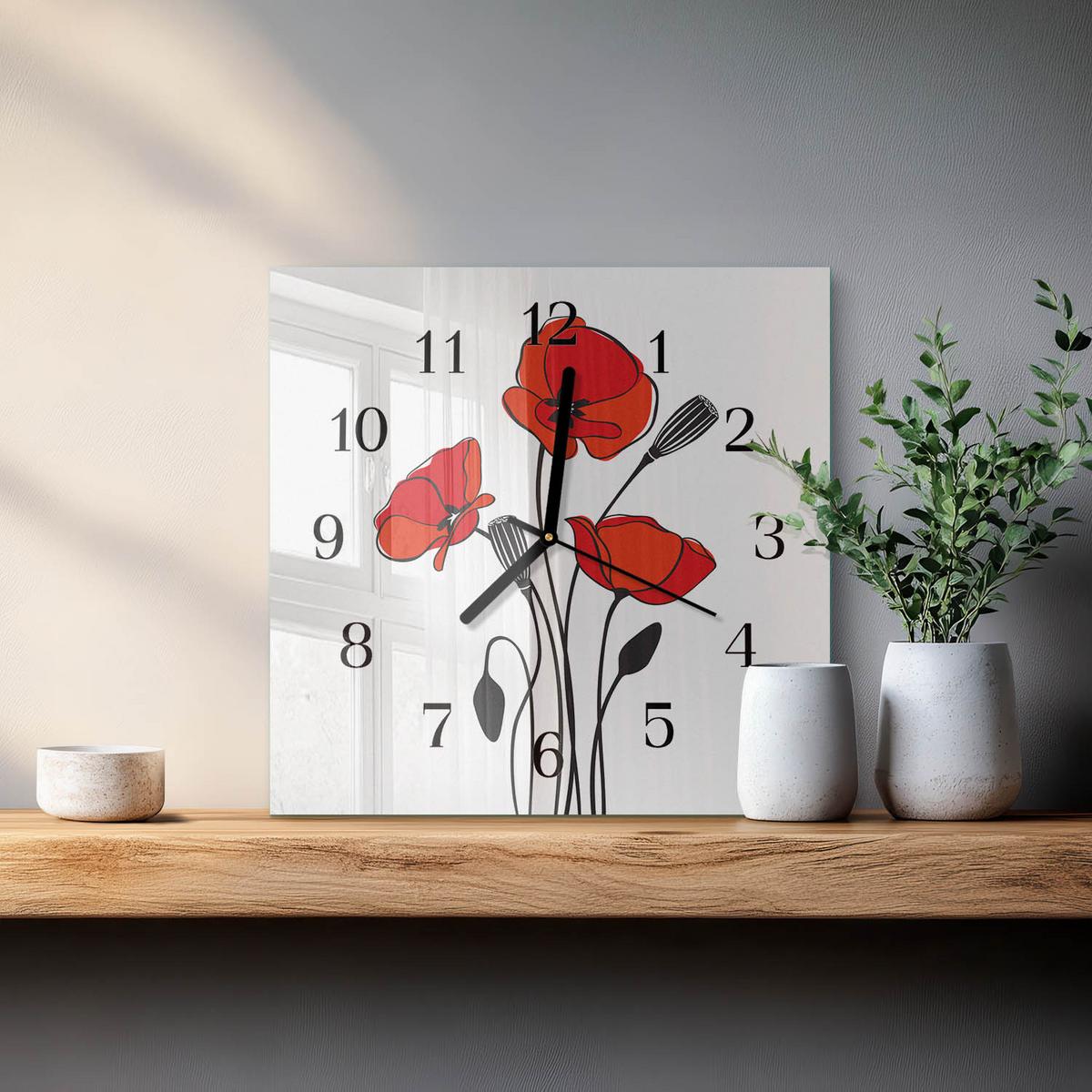 WANDUHR aus Glas 30x30 cm - Mohn - Rot, Glas (30/30/0.4cm) - TULUP