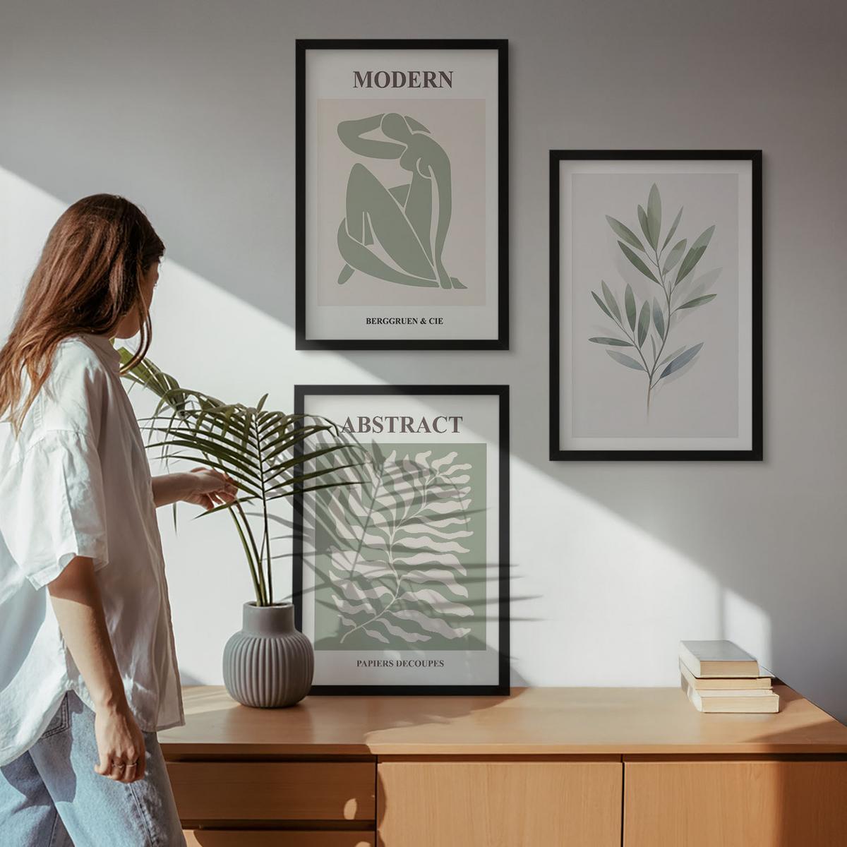 BILDER SET 3er Set - 40x60 cm Schwarzer Rahmen - Matisse Aquarell Boho-Design - Schwarz, Kunststoff (40/60cm) - TULUP